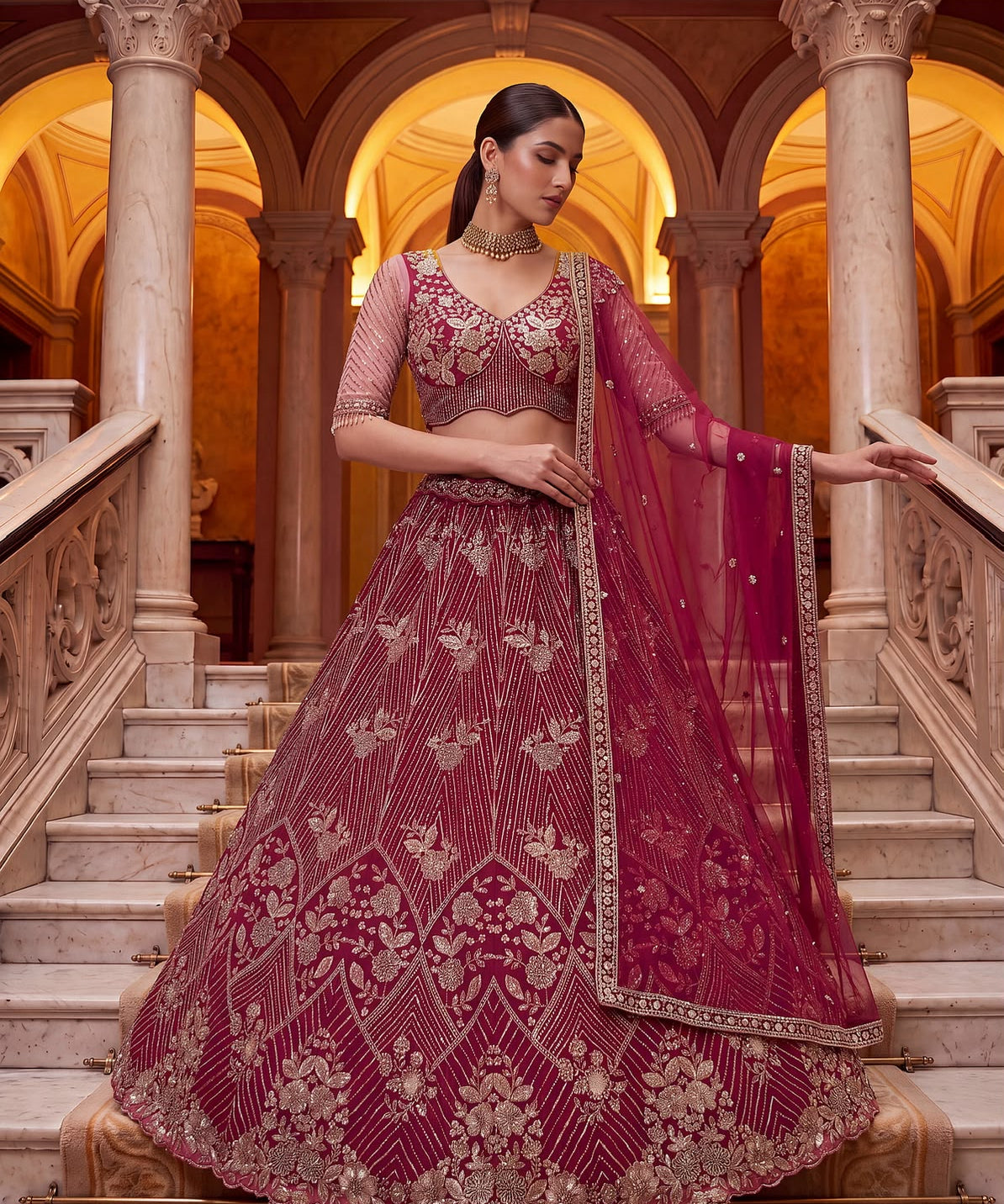 Royal Wedding Net Beads Work Lehenga