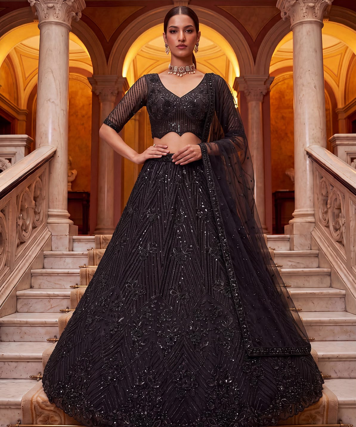 Royal Wedding Net Beads Work Lehenga