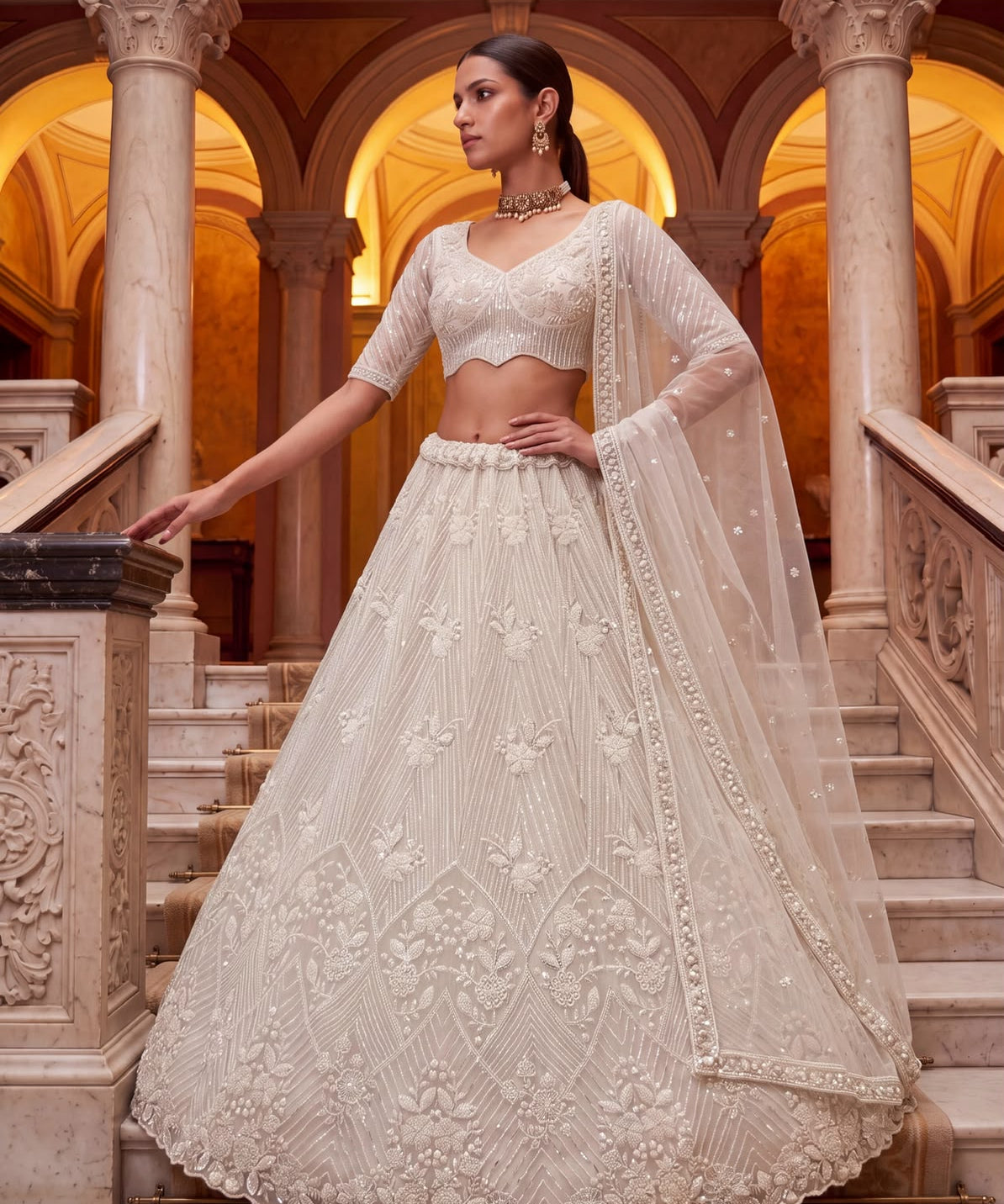 Royal Wedding Net Beads Work Lehenga