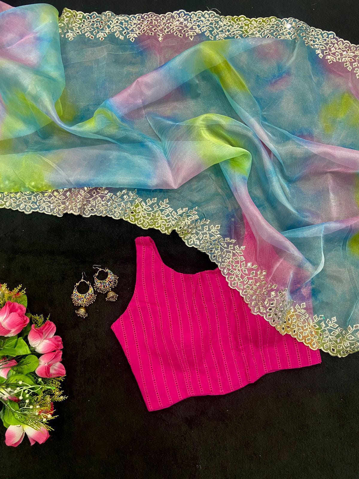 Beautyfull Organza Mirror Work Saree