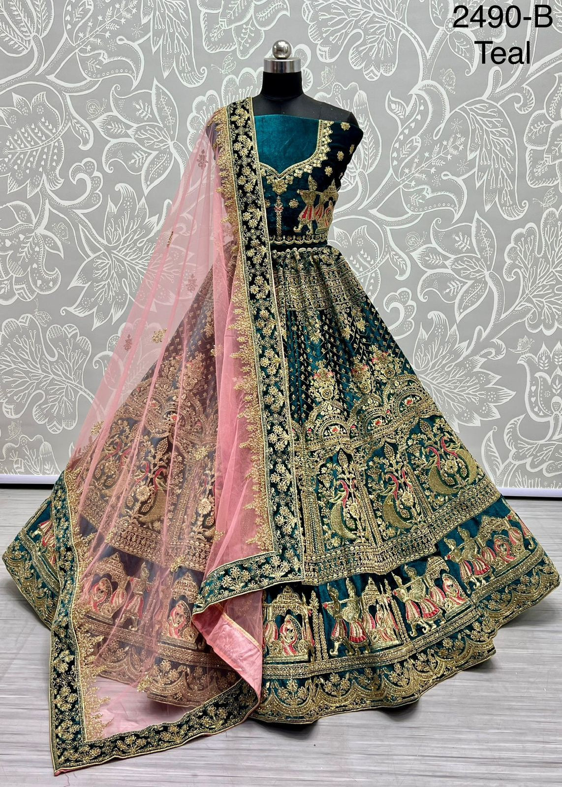 Peacock and Barat Embroidered Velvet Lehenga choli