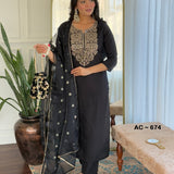 Black Embroidered Straight Suit