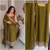 Olive Ethnic Silk Embroidered Suit
