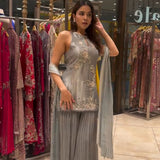 Silver Embroidered Natural Crep Suit