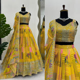 Yellow Multy Colored Chinon lehenga