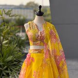 Yellow Organza Printed Lehenga Choli