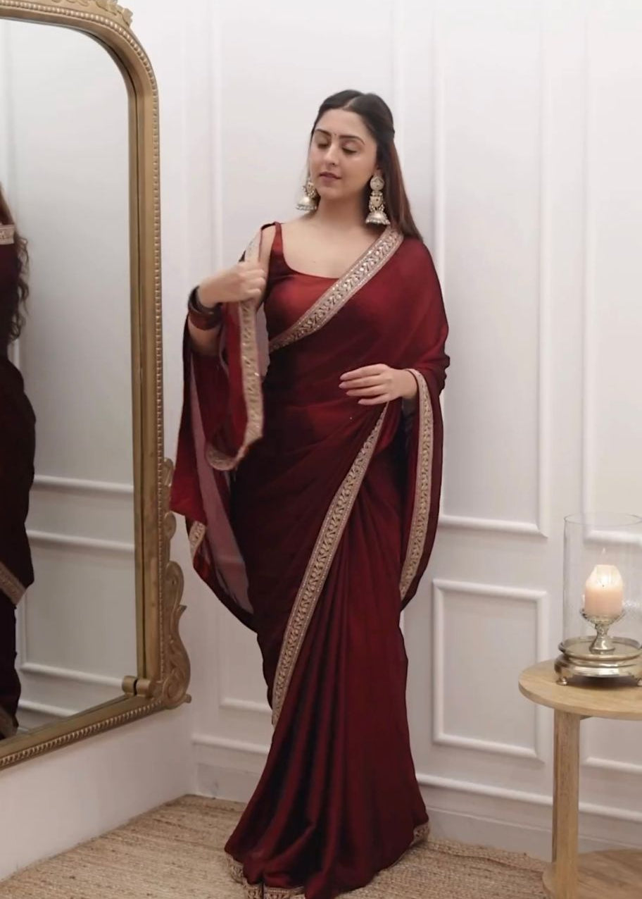 Beautifull Maroon Tibby Silk Saree