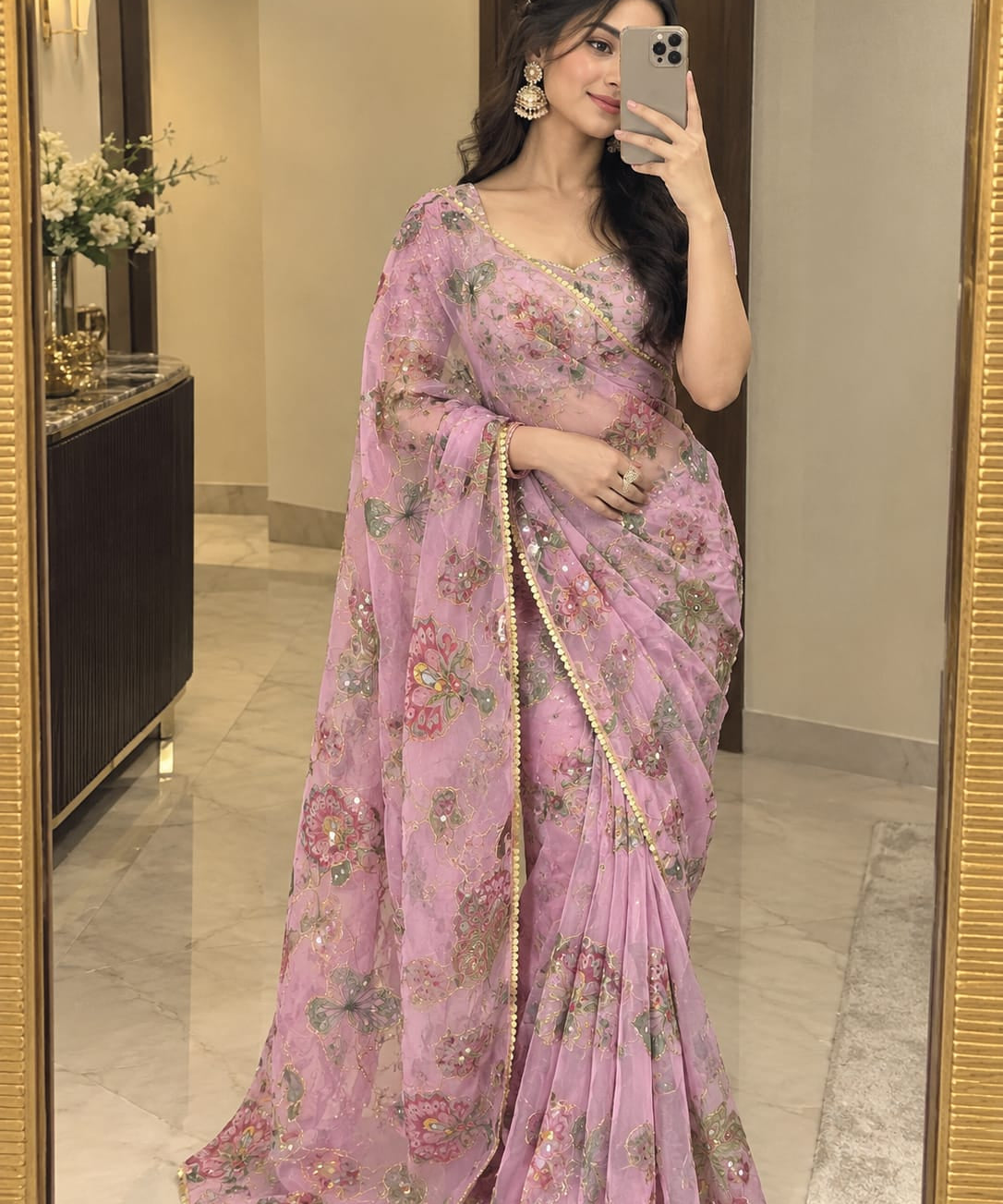 Embellished Mirror Work Silk Saree
