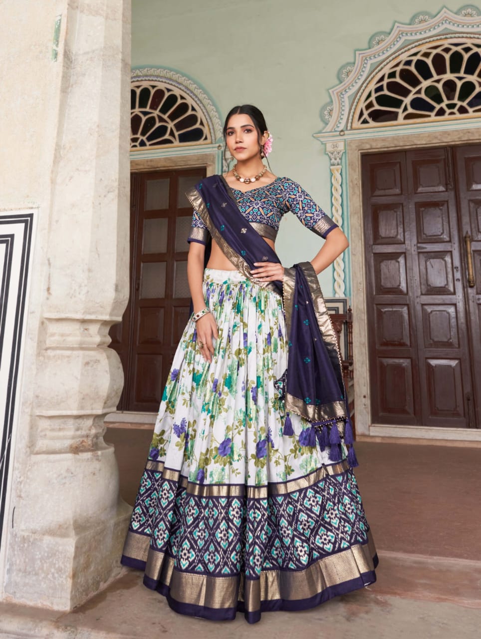 Beautifull Floral Printed Tussar Silk Lehenga