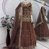 Brown Georgette Embroidered Top Lehenga
