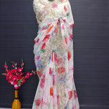 White Flower Printed Georgette Saree