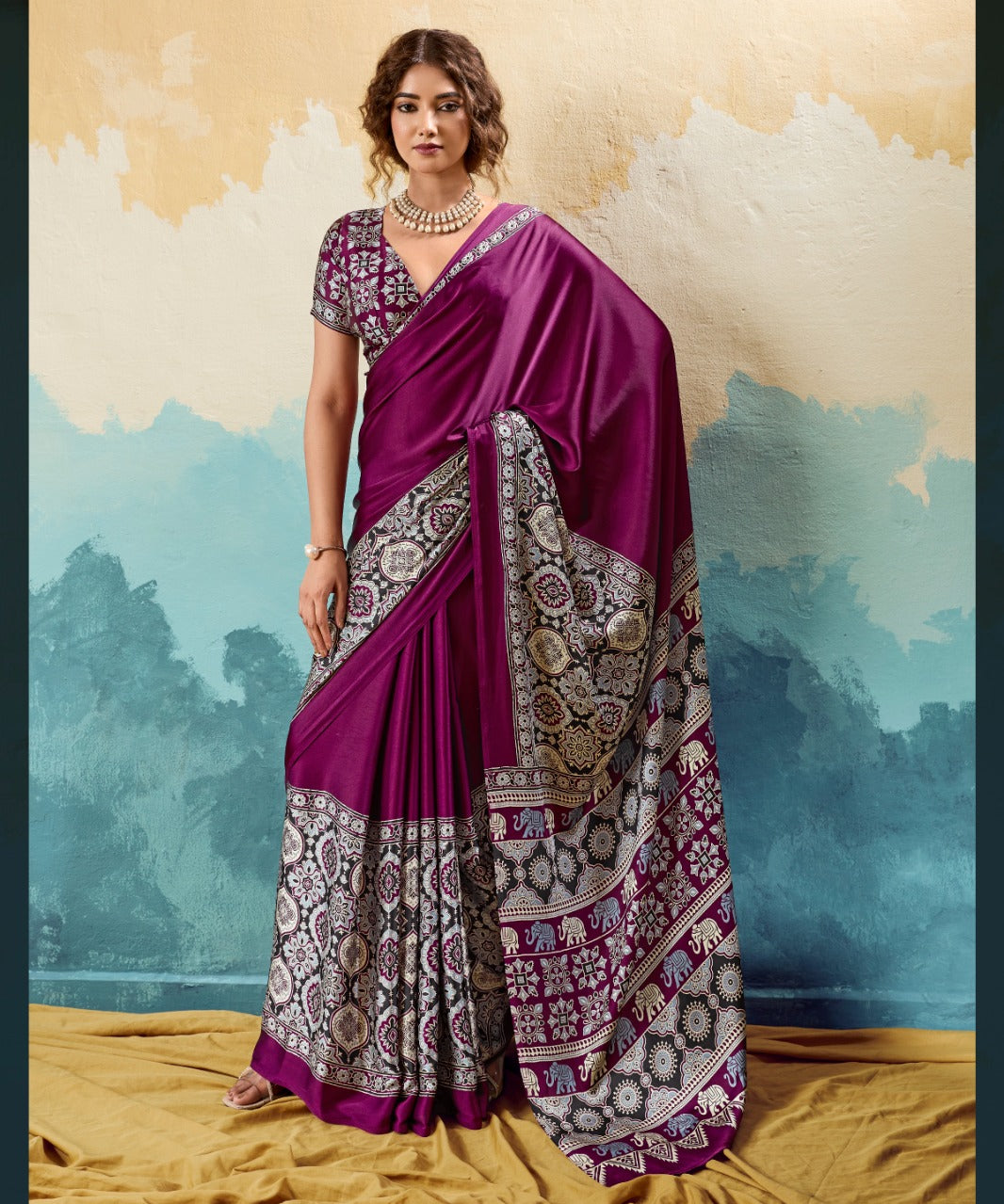 Traditional Pure Satin Ajrakh Saree