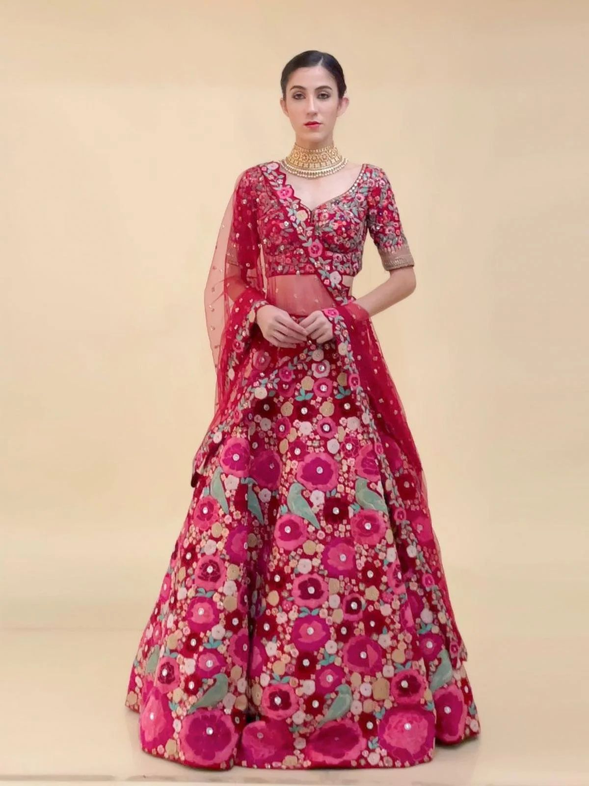 Wedding Flower Embroidery Work Lehenga