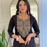 Black Embroidered Straight Suit