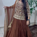 Brown Georgette Embroidered Top Lehenga