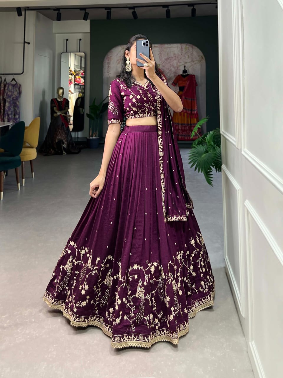 Stunning Wine Vichitra Silk Lehenga