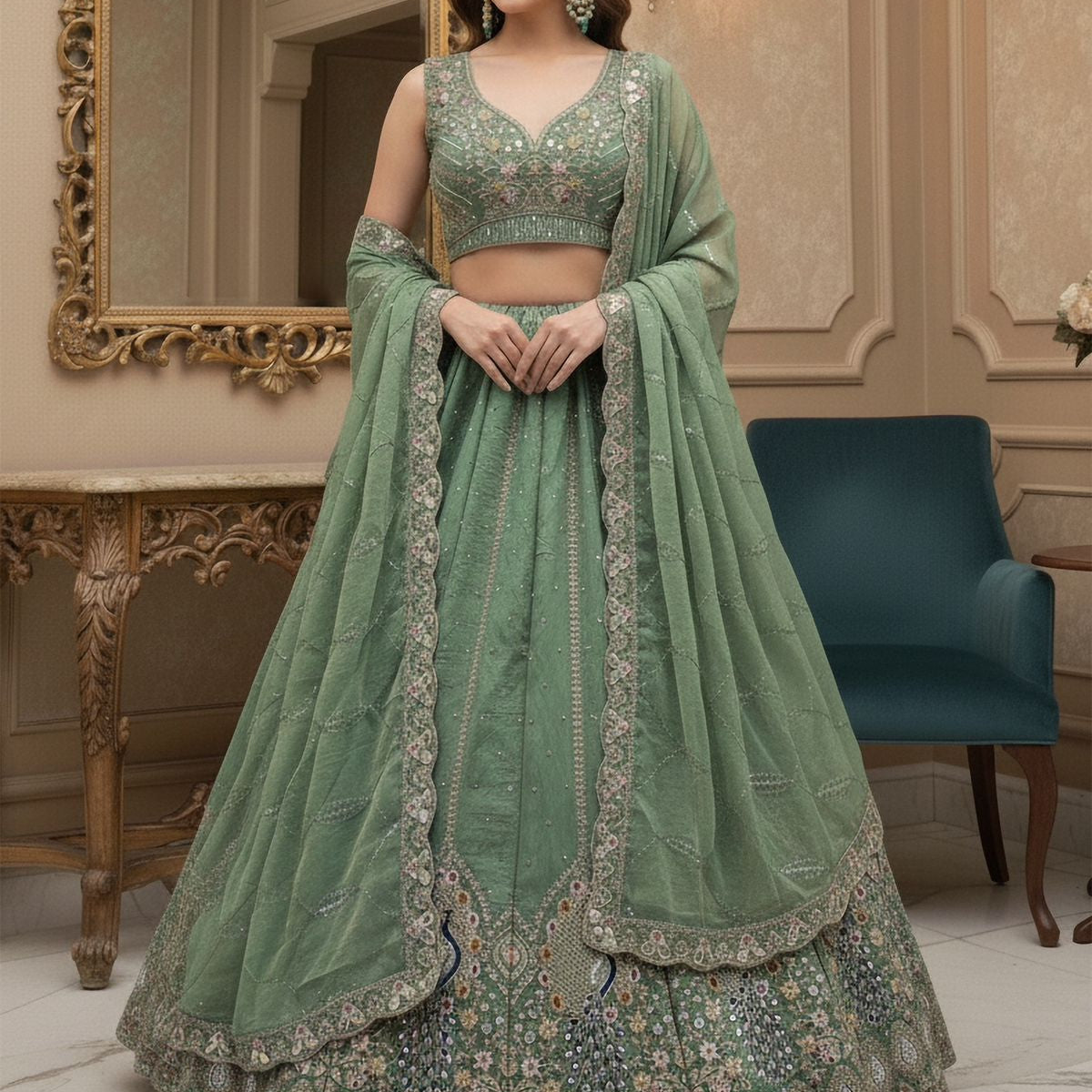 Adorn Bridal Peacock Embroidered Lehenga