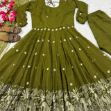 Shiny OLive Silk Anarakali Gown