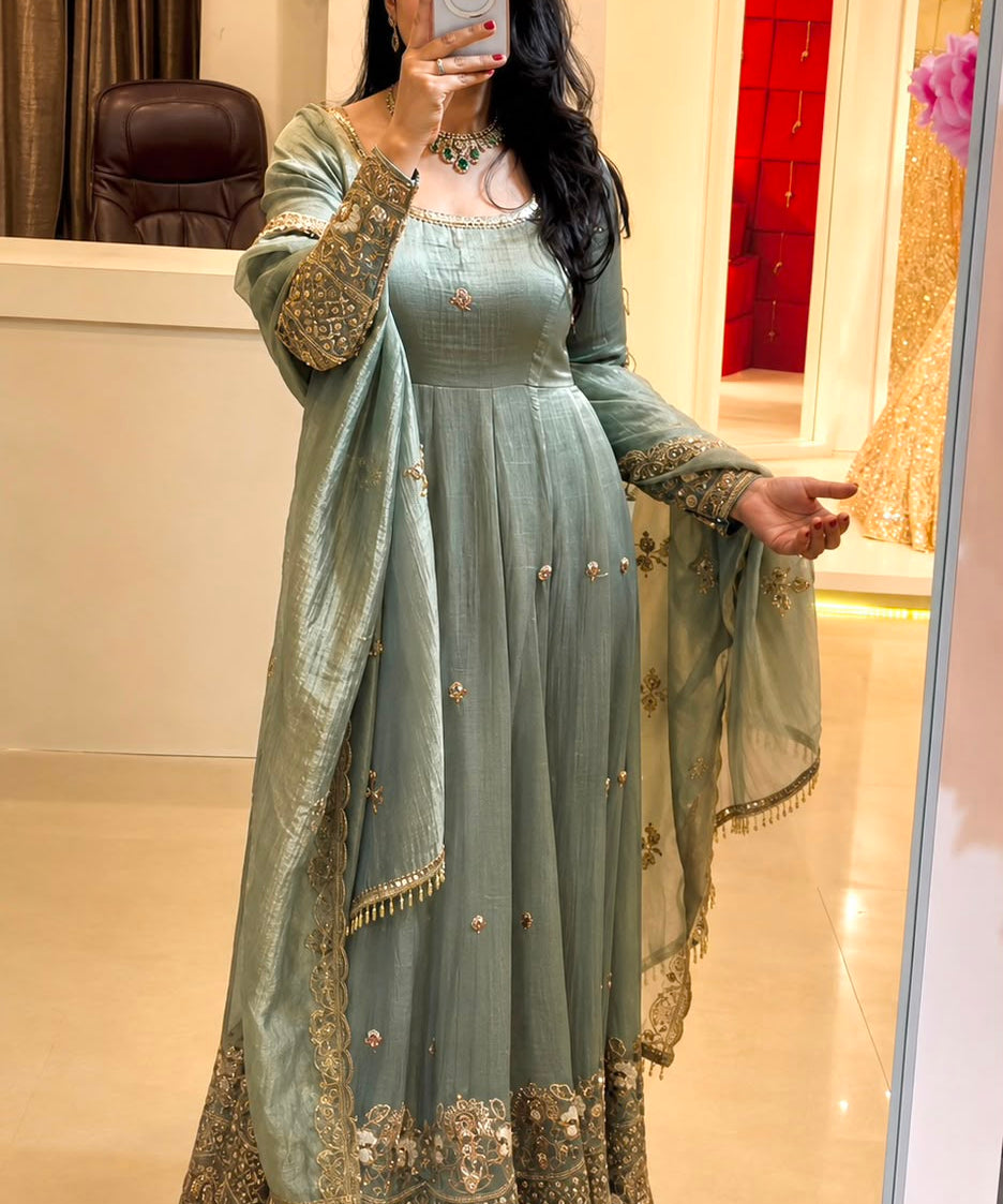 Ethnic Crunchy Silk Embroidered Gown