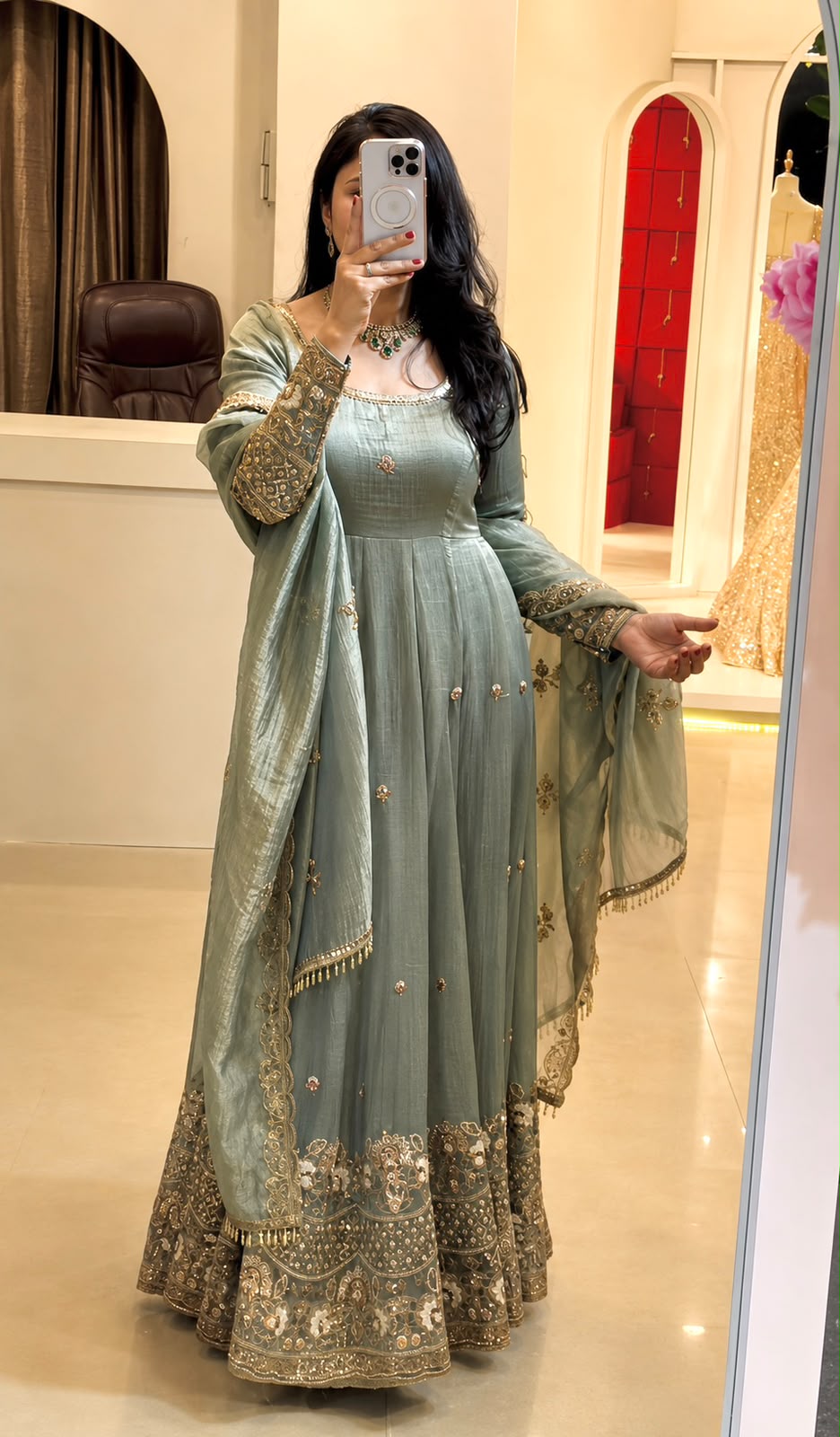 Ethnic Crunchy Silk Embroidered Gown