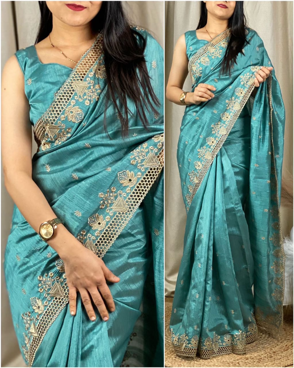 stunning cut work visca slub silk saree.