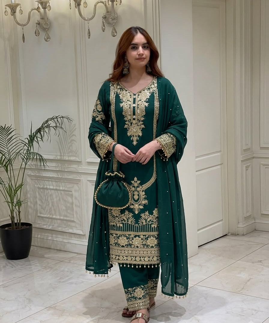 Dark Green Pakistani Embroidered Suit