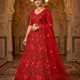 Reddish Net Embroidered Lehenga Choli