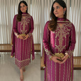 Maroon Embroidered Silk Long Suit