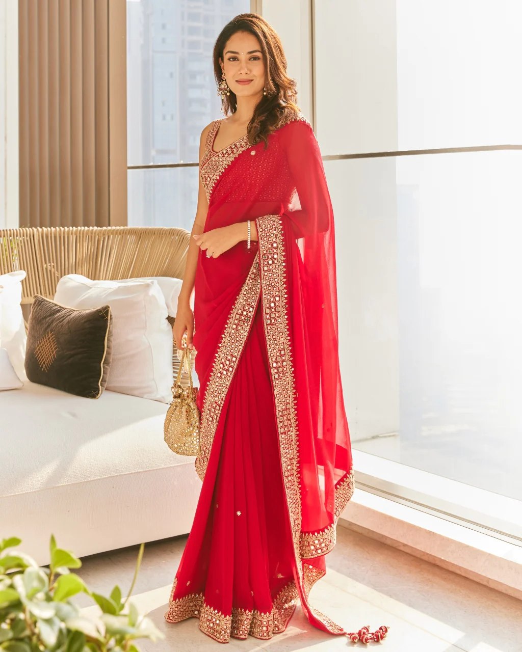 Red Fancy Moti Work Saree