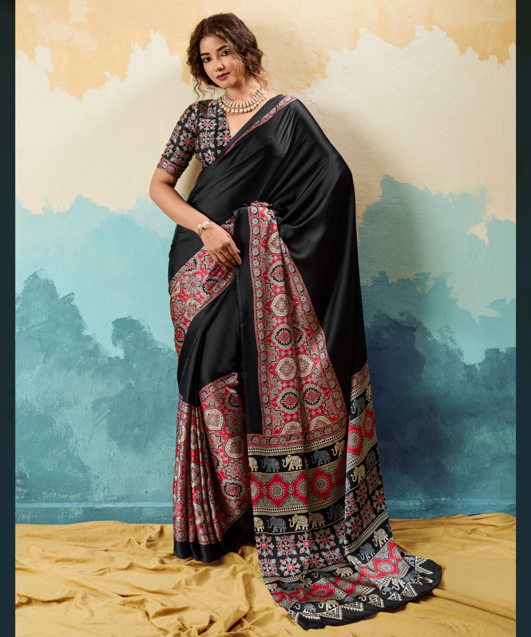 Traditional Pure Satin Ajrakh Saree