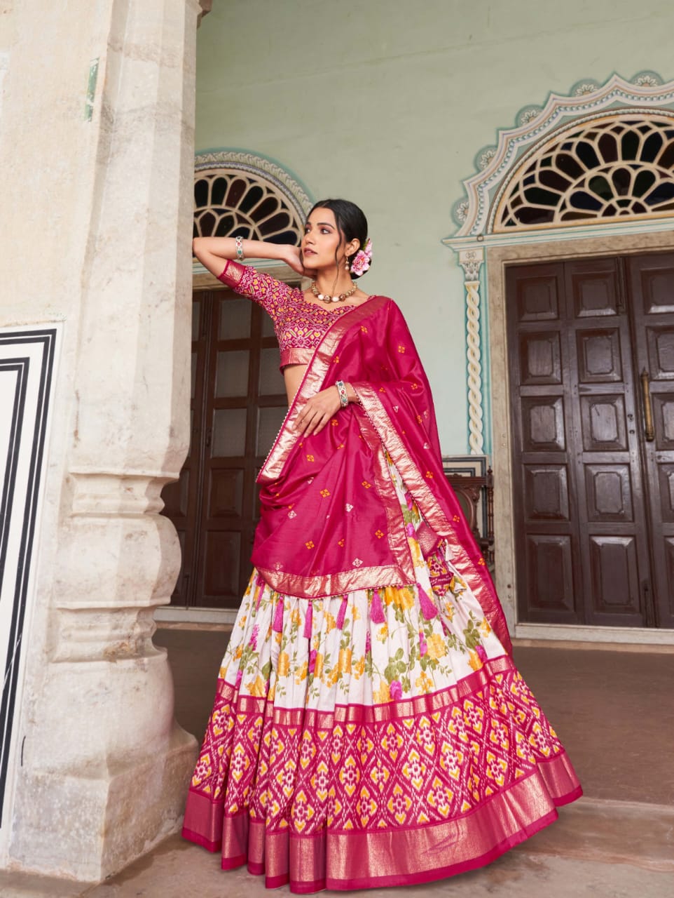 Beautifull Floral Printed Tussar Silk Lehenga