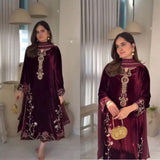 Maroon Shiny Velvet Embroidered Suit