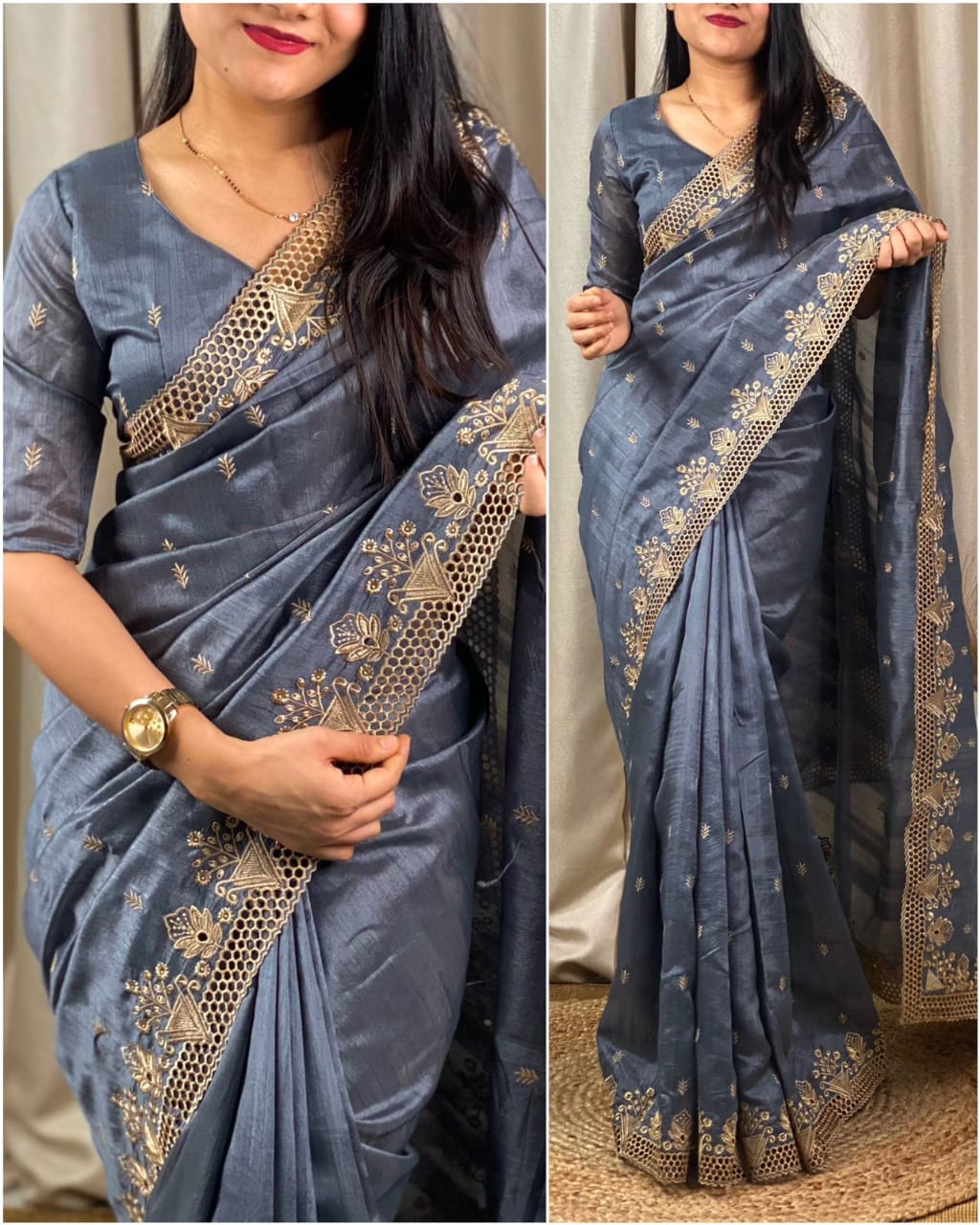 stunning cut work visca slub silk saree.