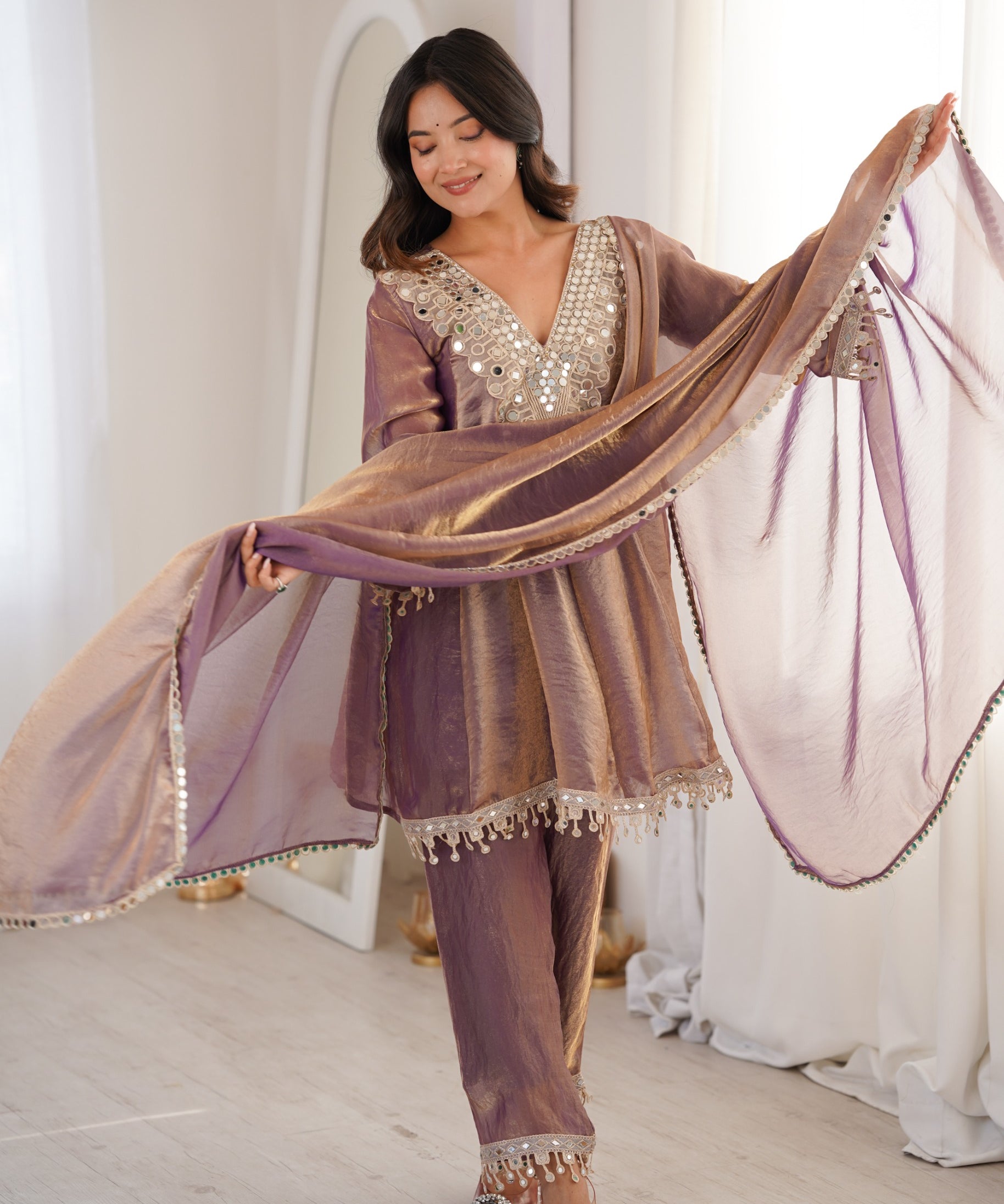 Stylish Mirror Work Silk Suit