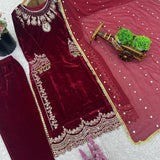 Designer Maroon Velvet Pakistani Suit