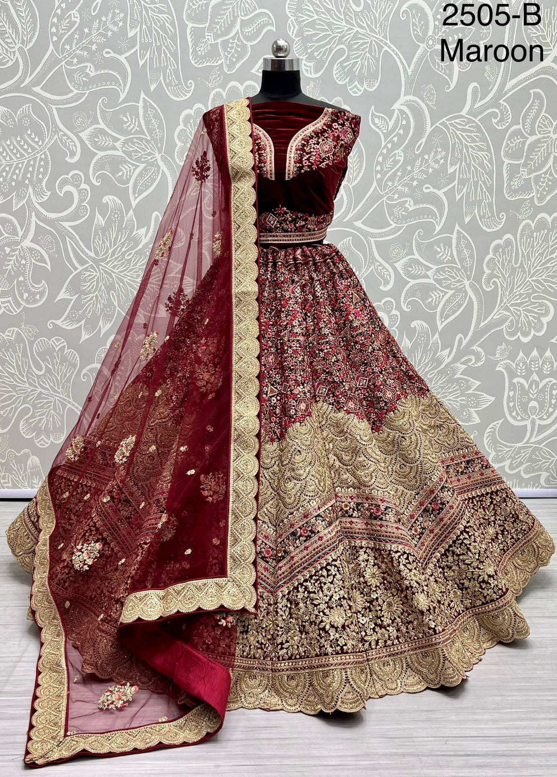 Neatly crafted Thread embroidery with Dori work bridal Lehengacholi