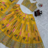 Yellow Multy Colored Chinon lehenga