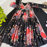 Black Flower Print Anarkali Gown
