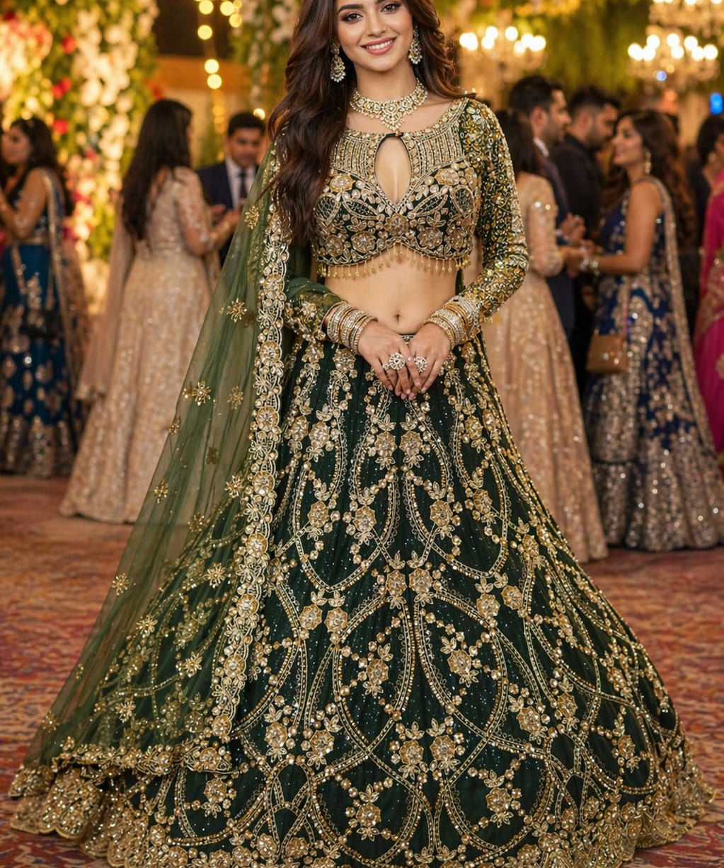 Bluish Embroidered Mulberry Silk Lehenga