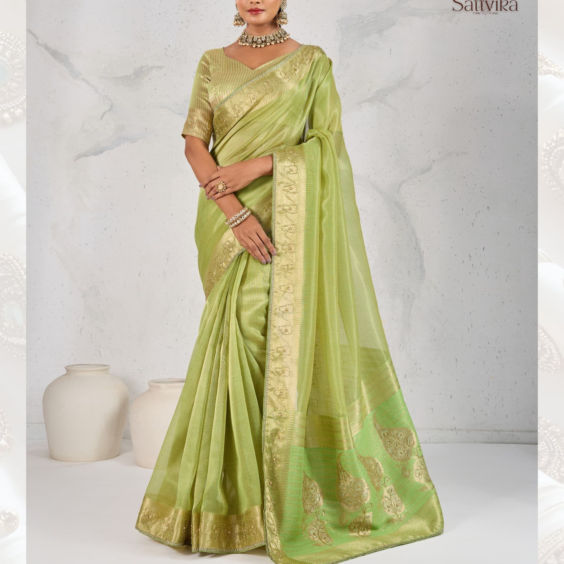 Handcrafted Sattvika Tissue Linen Saree