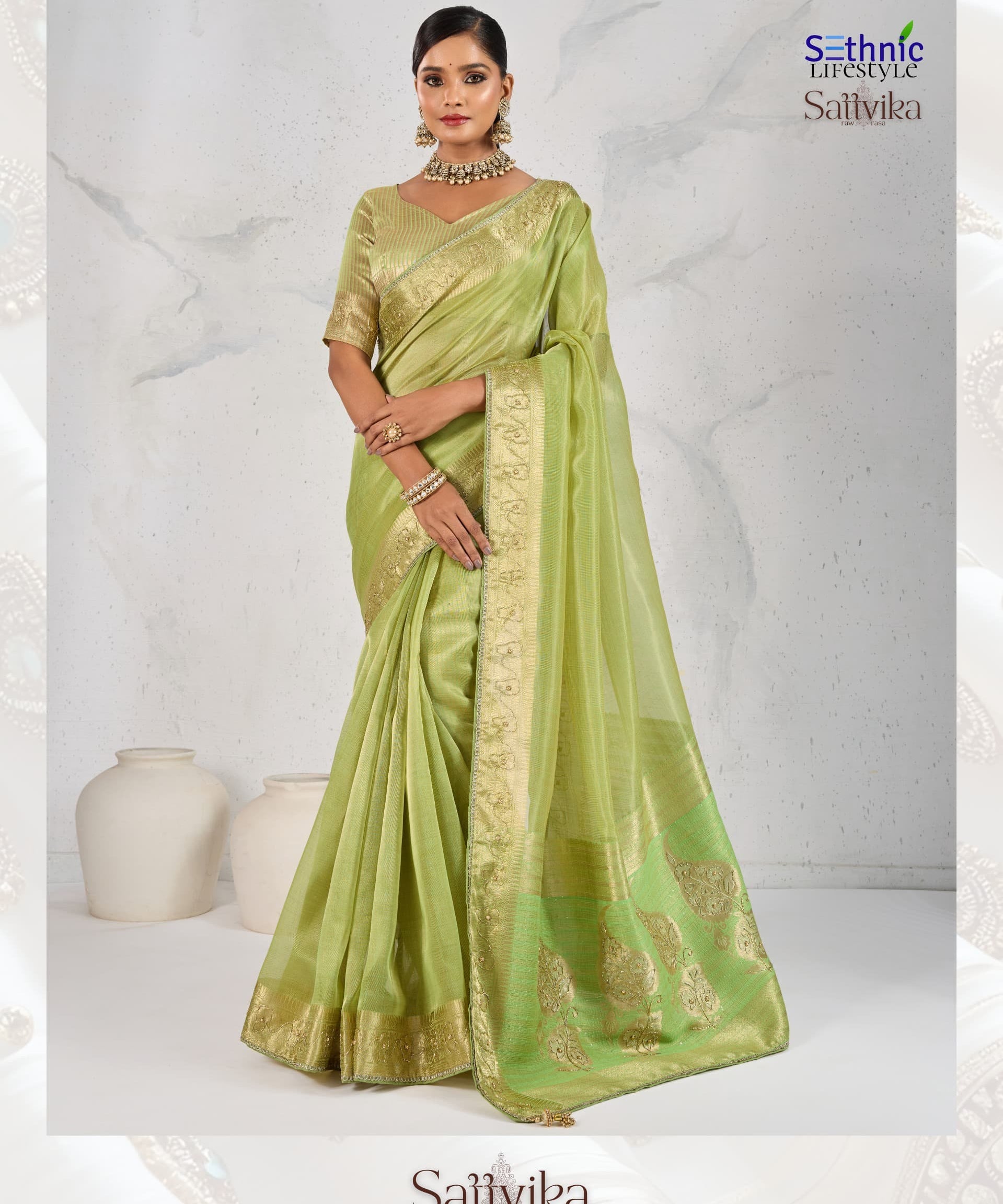 Handcrafted Sattvika Tissue Linen Saree