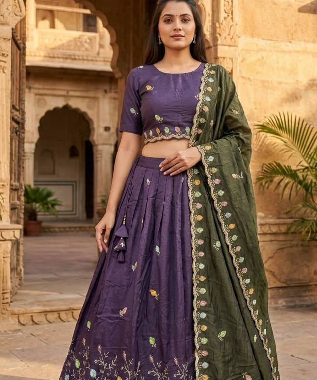 Purple Embroidered Space Silk Lehenga