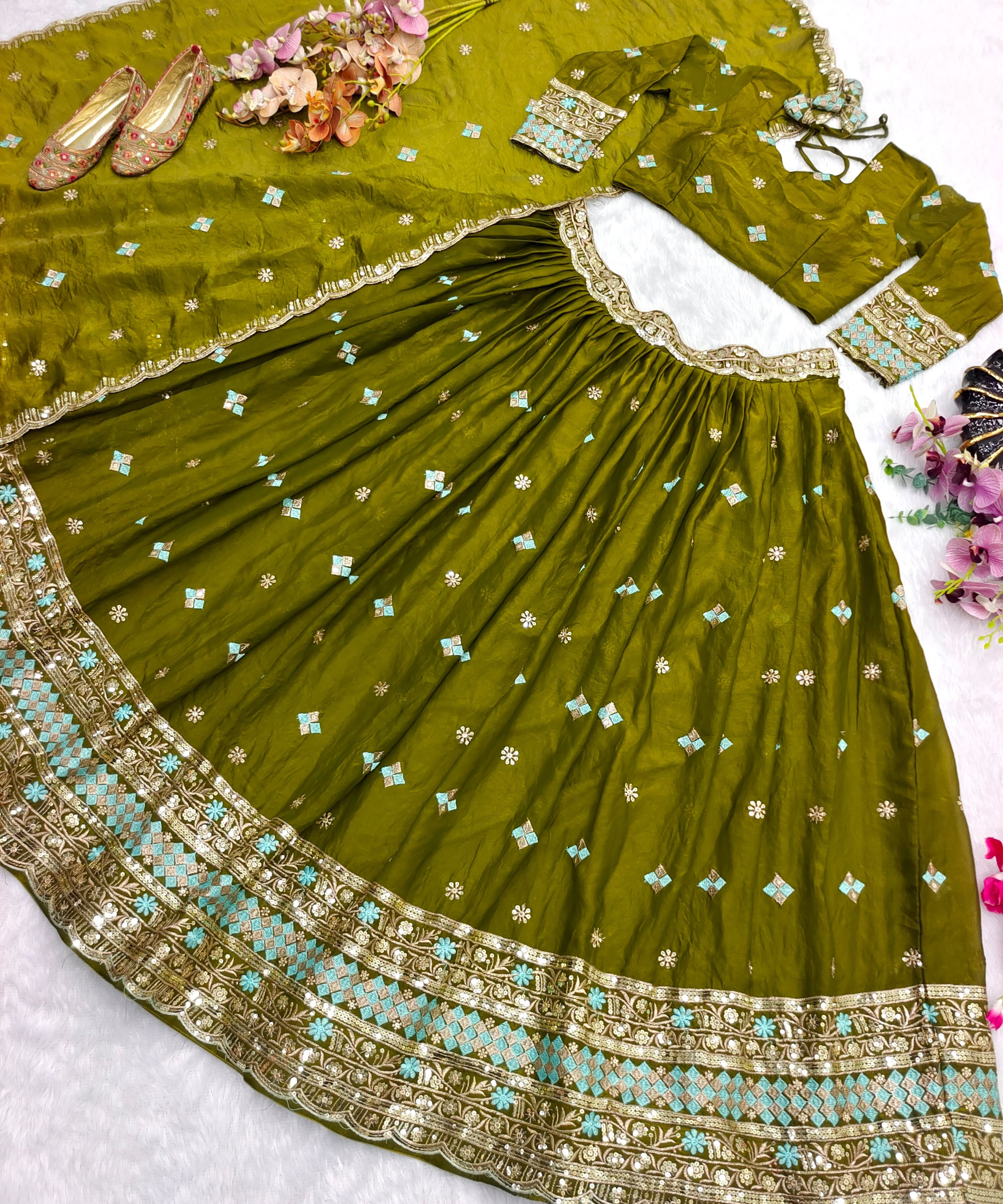 Trending Olive Fendy Silk Lehenga