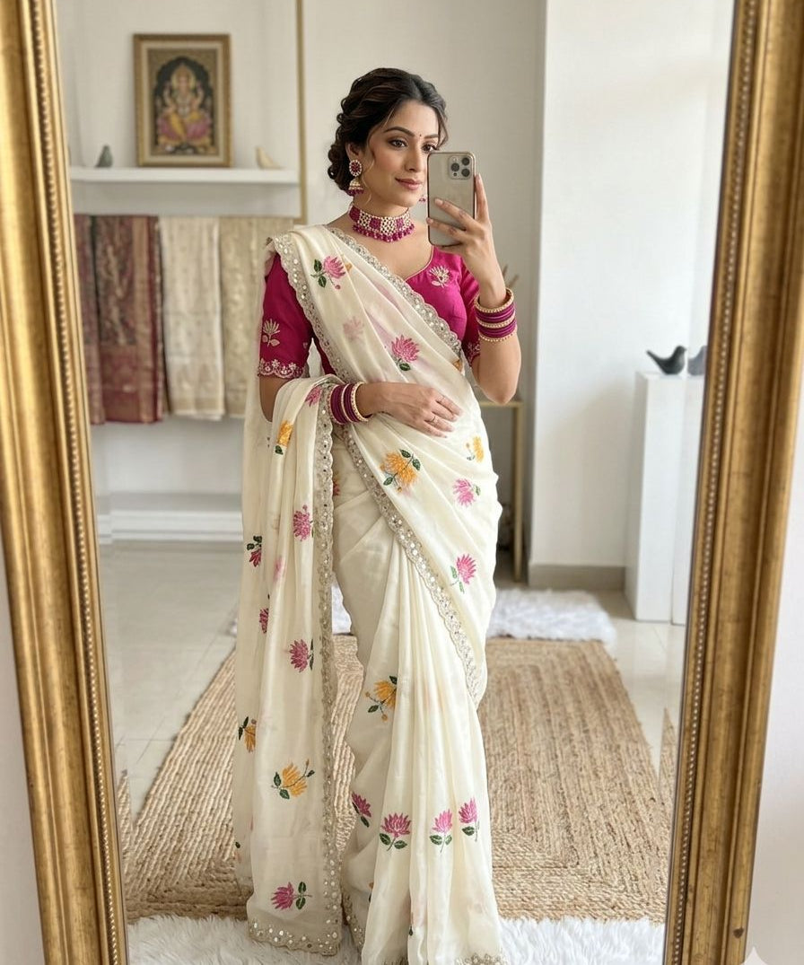 Elegant  Floral Embroidery Silk Saree