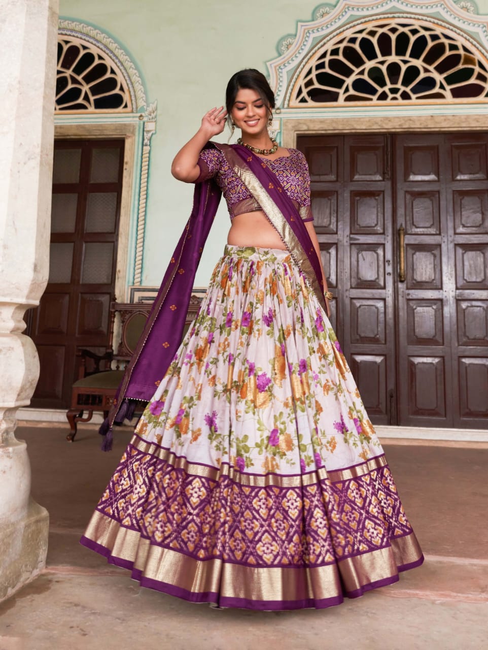 Beautifull Floral Printed Tussar Silk Lehenga