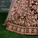 Bridal Maroon Velvet Embroidered Lehenga