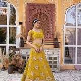 Mustard Sequance Embroidered Net Lehenga