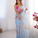Sky Flower Print Organza Saree