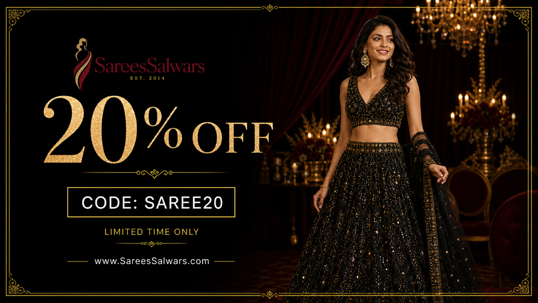 Black and gold lehenga promotion – 20% off with code SAREE20 at SareesSalwars.com.