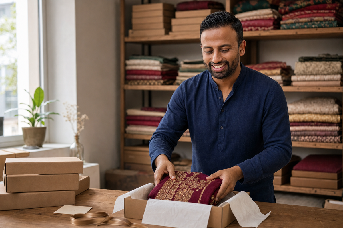 Founder carefully packing a SareesSalwars order